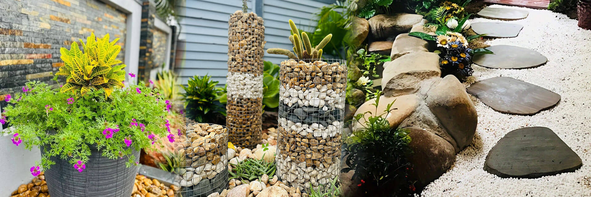 Modern Zimbabwean garden with natural stone pathways, raised flower beds and landscaping features